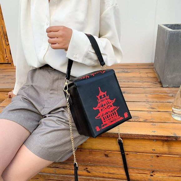 Tower Print Crossbody Shoulder Bag,Pu Chinese Takeout Box Totes Purse for Women - Picture 7 of 7